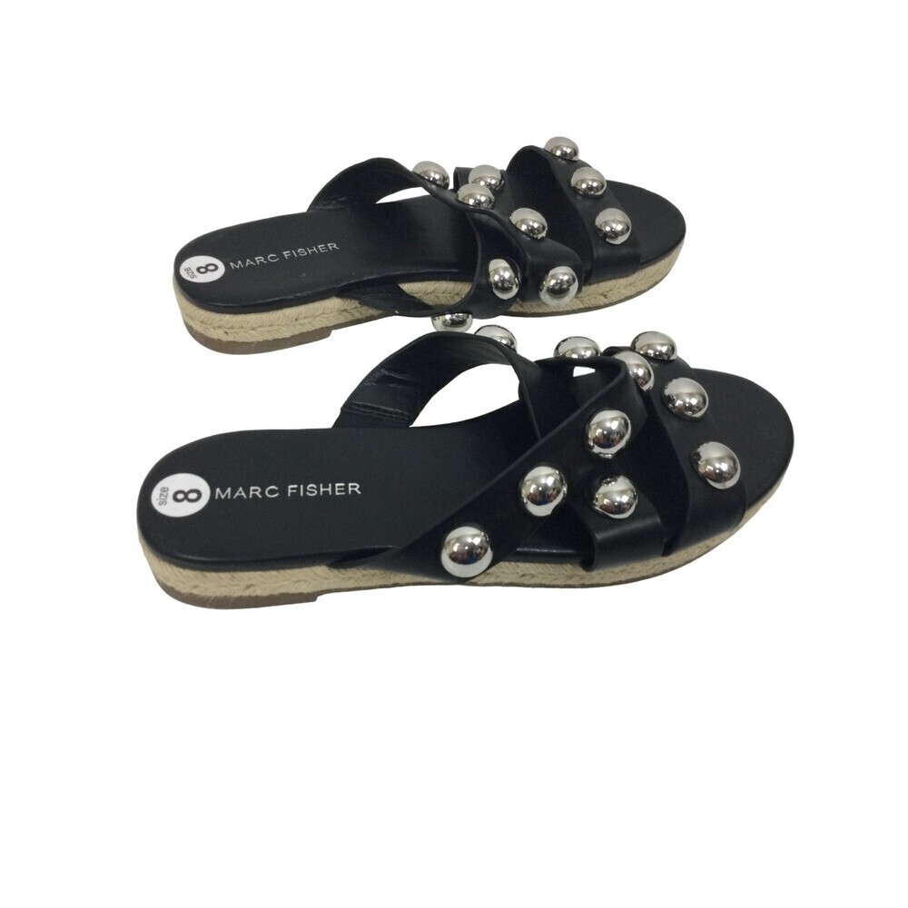 Marc Fisher Prisca Espadrille Silver Studded Slip On Slides Sandals Black Size 8